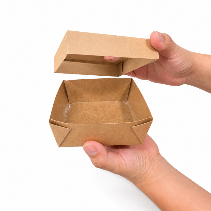 Scatola "Kray" in cartone kraft con coperchio a finestra, per cottura in forno - 350 ml - 11,5 cm x 11,5 cm x 4 cm - 25 pezzi