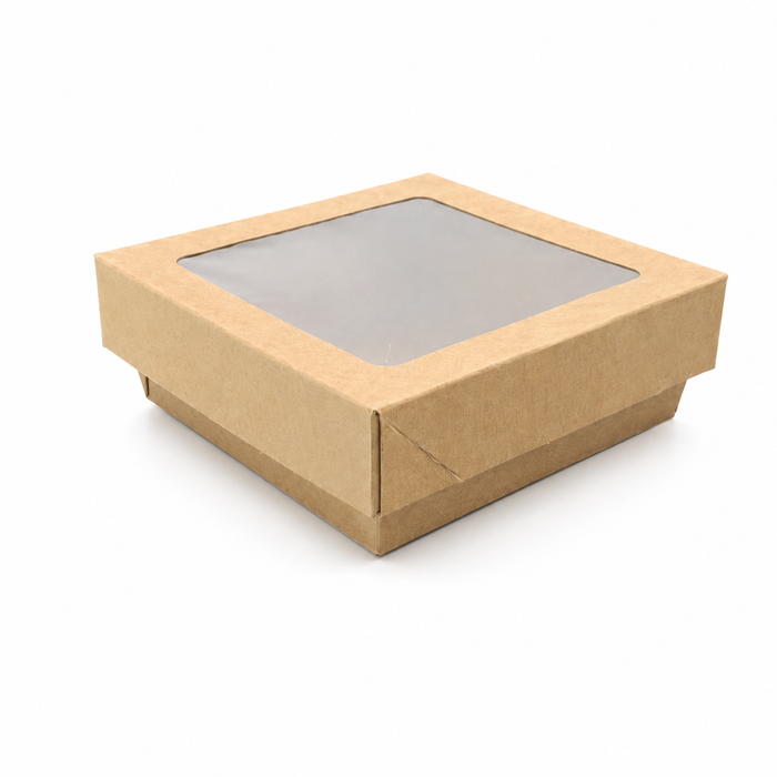 Scatola "Kray" in cartone kraft con coperchio a finestra, per cottura in forno - 350 ml - 11,5 cm x 11,5 cm x 4 cm - 25 pezzi