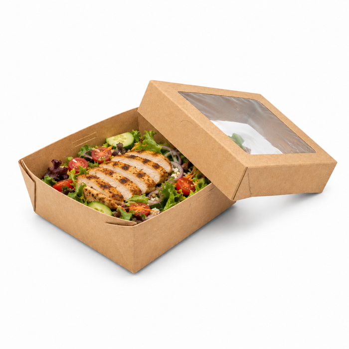 Scatola "Kray" in cartone kraft con coperchio a finestra, per cottura in forno - 350 ml - 11,5 cm x 11,5 cm x 4 cm - 25 pezzi