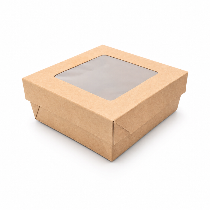 Scatola "Kray" in cartone kraft con coperchio a finestra, per cottura in forno - 13,5 cm x 13,5 cm x 5 cm - 25 pezzi