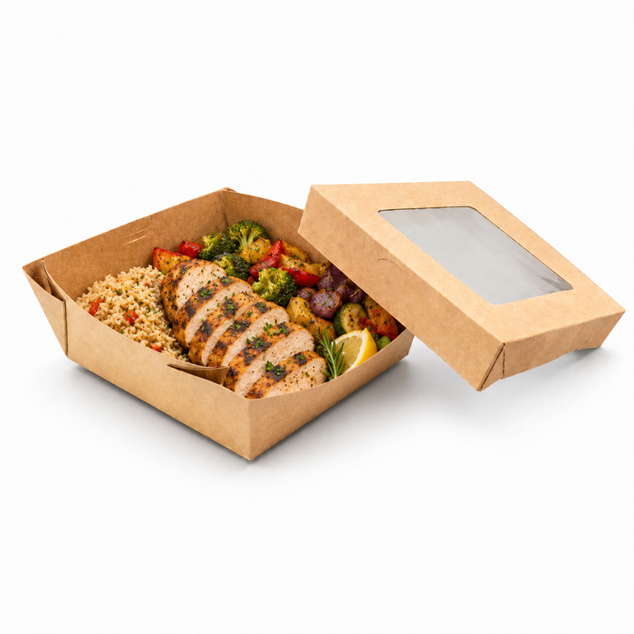 Scatola "Kray" in cartone kraft con coperchio a finestra, per cottura in forno - 13,5 cm x 13,5 cm x 5 cm - 25 pezzi