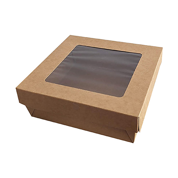 Scatola "Kray" in cartone kraft con coperchio a finestra, per cottura in forno - 950 ml - 15,5 cm x 15,5 cm x 5 cm - 25 pezzi