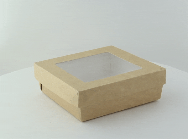 Scatola "Kray" in cartone kraft con coperchio a finestra, per cottura in forno 155x155mm H50mm 950ml