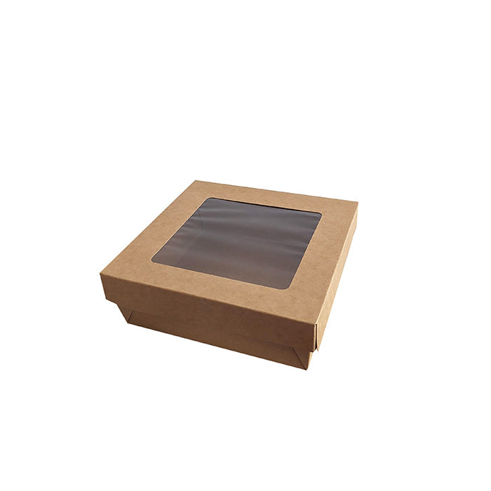 Scatola "Kray" in cartone kraft con coperchio a finestra, per cottura in forno 155x155mm H50mm 950ml