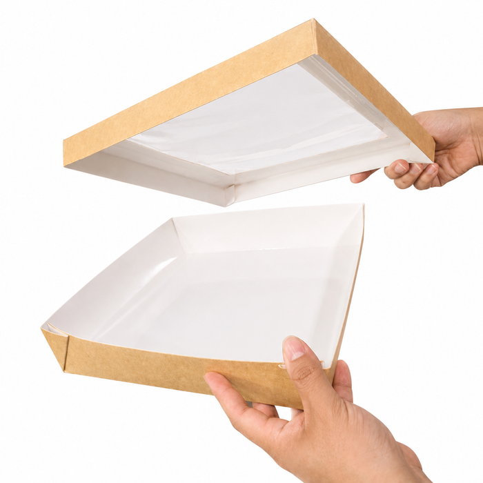 Scatola "Kray" in cartone kraft con coperchio a finestra, per cottura in forno - 22,5 cm x 15,5 cm x 5,3 cm - 25 pezzi