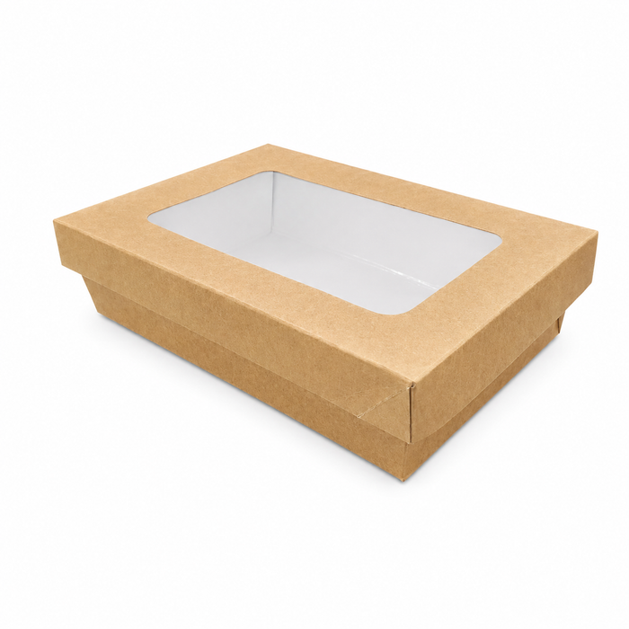 Scatola "Kray" in cartone kraft con coperchio a finestra, per cottura in forno - 22,5 cm x 15,5 cm x 5,3 cm - 25 pezzi
