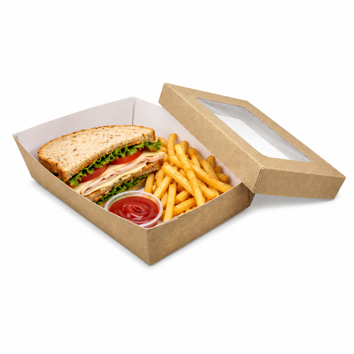 Scatola "Kray" in cartone kraft con coperchio a finestra, per cottura in forno - 22,5 cm x 15,5 cm x 5,3 cm - 25 pezzi