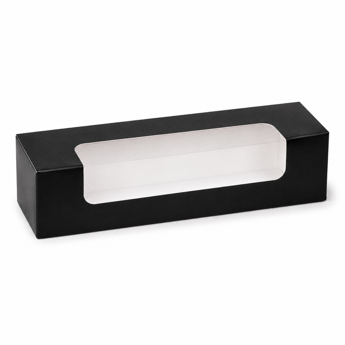 Scatola per 7 macarons in cartone nero con finestra - 21,5 cm x 6,8 cm x 4,8 cm - 50 pezzi