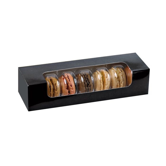 Scatola per 7 macarons in cartone nero con finestra - 21,5 cm x 6,8 cm x 4,8 cm - 50 pezzi