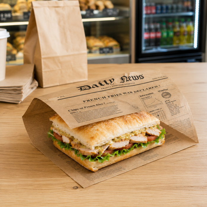 Carta kraft scuro con decorazione stampa di giornale, in scatola dispenser - 38 cm x 40 cm - 500 pezzi