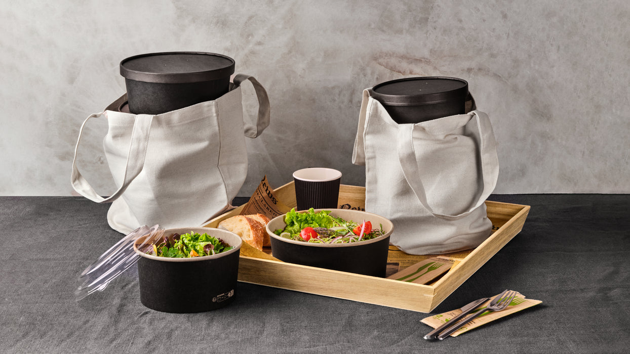 Insalatiera Buckaty in cartone nero e interno kraft con lamina antiunto (C/PAP 81) - 900 ml - Ø 15 cm - H 7,5 cm - 45 pezzi