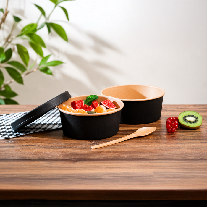 Insalatiera Buckaty in cartone nero e interno kraft antiunto (C/PAP 81) - 1300 ml - Ø 18,5 cm - H 6,8 cm - 45 pezzi