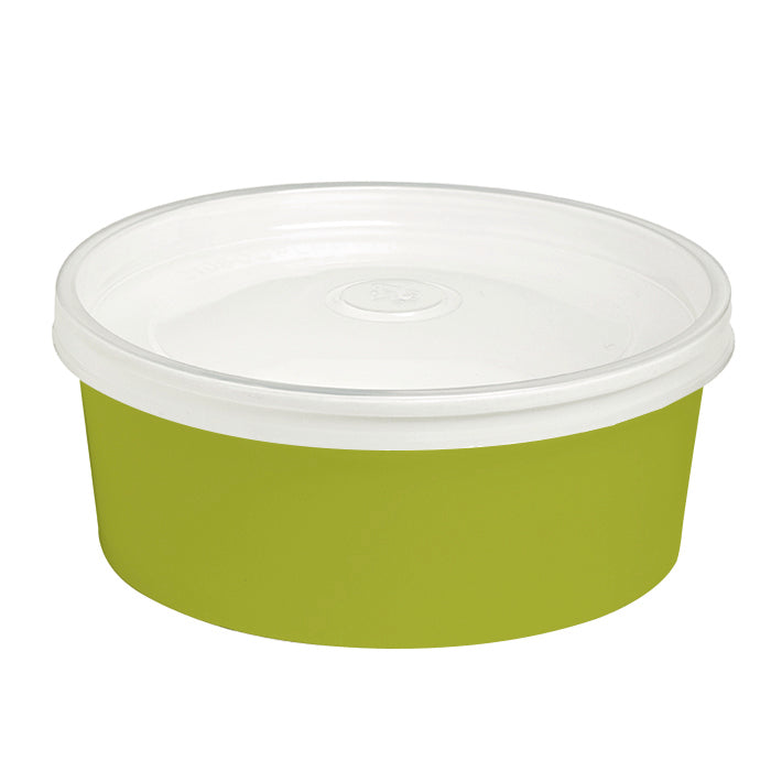 Insalatiera "Buckaty" multiuso, tonda in cartone verde con coperchio trasparente in PP - 550 ml - Ø 15 cm - H 5 cm - 24 pezzi