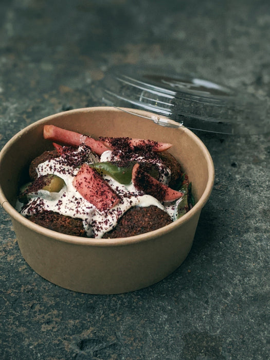 Insalatiera "Buckaty" multiuso, tonda in cartone kraft con coperchio in PP - 1200 ml - Ø 18,5 cm - H 6,5 cm - 25 pezzi