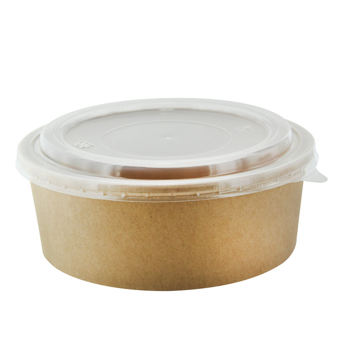 Insalatiera "Buckaty" multiuso, tonda in cartone kraft con coperchio in PP - 1200 ml - Ø 18,5 cm - H 6,5 cm - 25 pezzi
