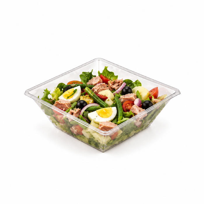 Insalatiera in PET quadrata trasparente - 1000 ml - 19,5 cm x 19,5 cm x 7 cm - 100 pezzi