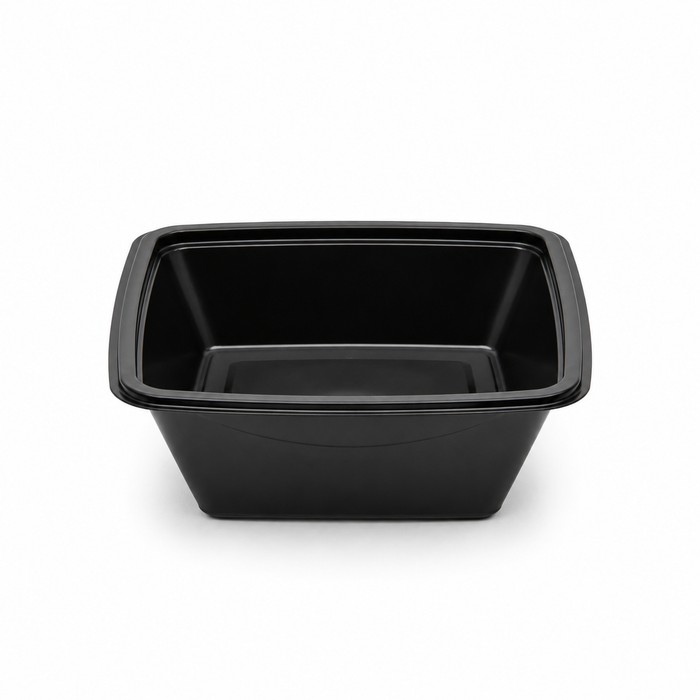 Insalatiera in PET quadrata nera con coperchio - 750 ml - 16 cm x 16 cm x 7 cm - 100 pezzi