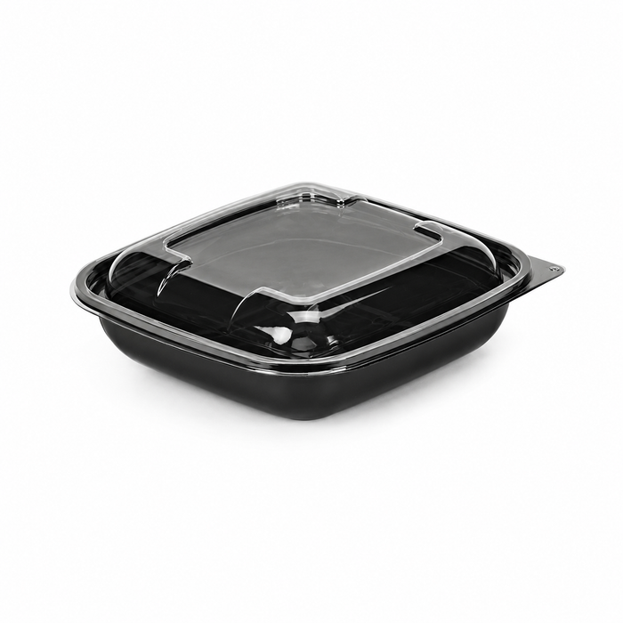 Insalatiera in PET quadrata nera con coperchio - 750 ml - 19 cm x 19 cm x 6,5 cm - 25 pezzi