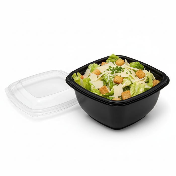 Insalatiere quadrate nere RPET con coperchio trasparente. - 480 ml - 13 cm x 13 cm x 6 cm - 25 pezzi