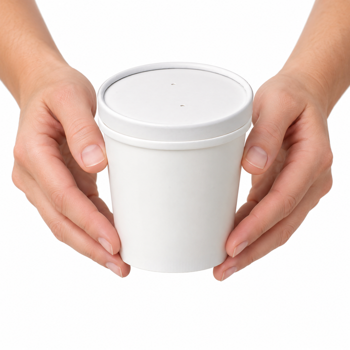 Contenitore in cartone bianco per alimenti caldi e freddi, con coperchio - 470 ml - Ø 9,7 cm - H 10 cm - 25 pezzi