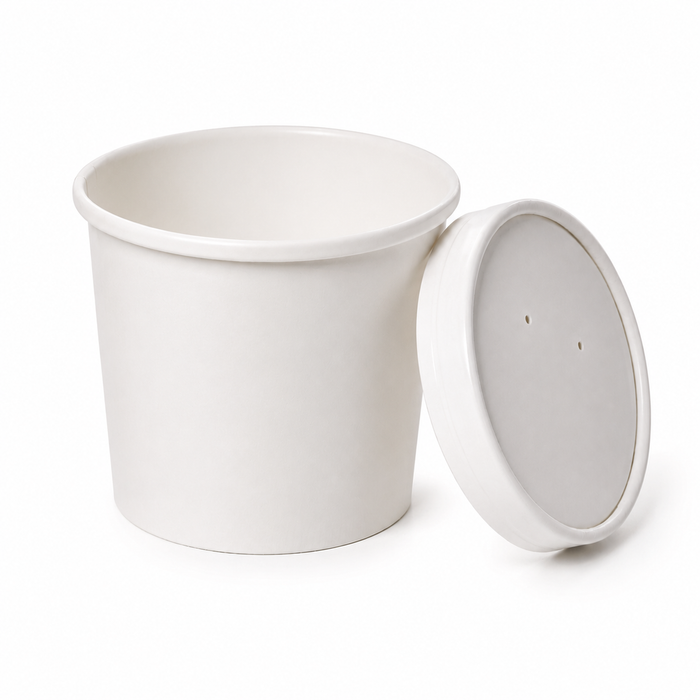 Contenitore in cartone bianco per alimenti caldi e freddi, con coperchio - 960 ml - Ø 11,6 cm - H 14 cm - 25 pezzi