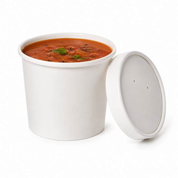 Contenitore in cartone bianco per alimenti caldi e freddi, con coperchio - 960 ml - Ø 11,6 cm - H 14 cm - 25 pezzi
