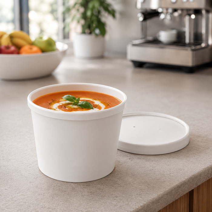 Contenitore in cartone bianco per alimenti caldi e freddi, con coperchio - 250 ml - Ø 9 cm - H 6,2 cm - 25 pezzi