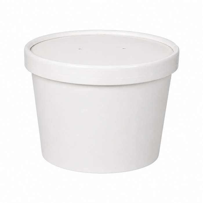 Contenitore in cartone bianco per alimenti caldi e freddi, con coperchio - 250 ml - Ø 9 cm - H 6,2 cm - 25 pezzi