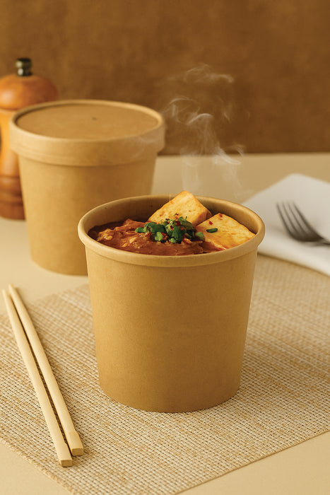Contenitore in cartone kraft per alimenti caldi e freddi, con coperchio - 490 ml - Ø 9,7 cm - H 10,2 cm - 25 pezzi