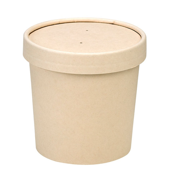 Contenitore in cartone kraft per alimenti caldi e freddi laminato in PLA, con coperchio - 350 ml - Ø 9 cm - H 8,6 cm - 25 pezzi
