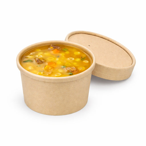 Contenitore in cartone kraft per alimenti caldi e freddi laminato in PLA, con coperchio  H75mm 240ml