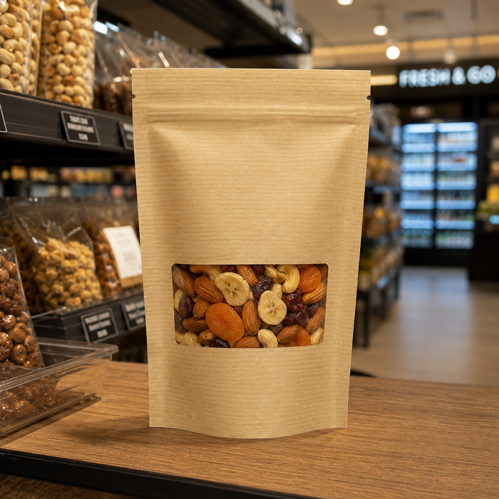 Busta stand-up Kraft/trasparente con chiusura a zip - 13 cm x 3,5 cm x 21 cm - 200 pezzi