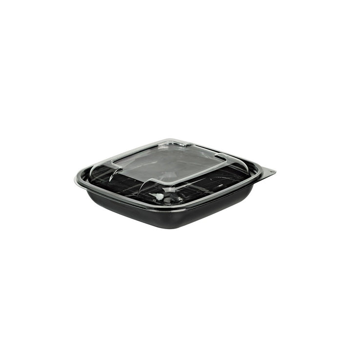Insalatiera in PET quadrata nera con coperchio - 750 ml - 19 cm x 19 cm x 4,5 cm - 150 pezzi