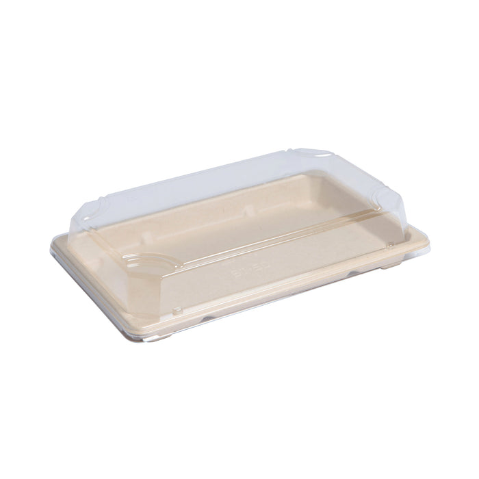 Vassoio "Itto" in polpa di canna da zucchero con coperchio trasparente - 21,6 cm x 13,5 cm x 4 cm - 50 pezzi