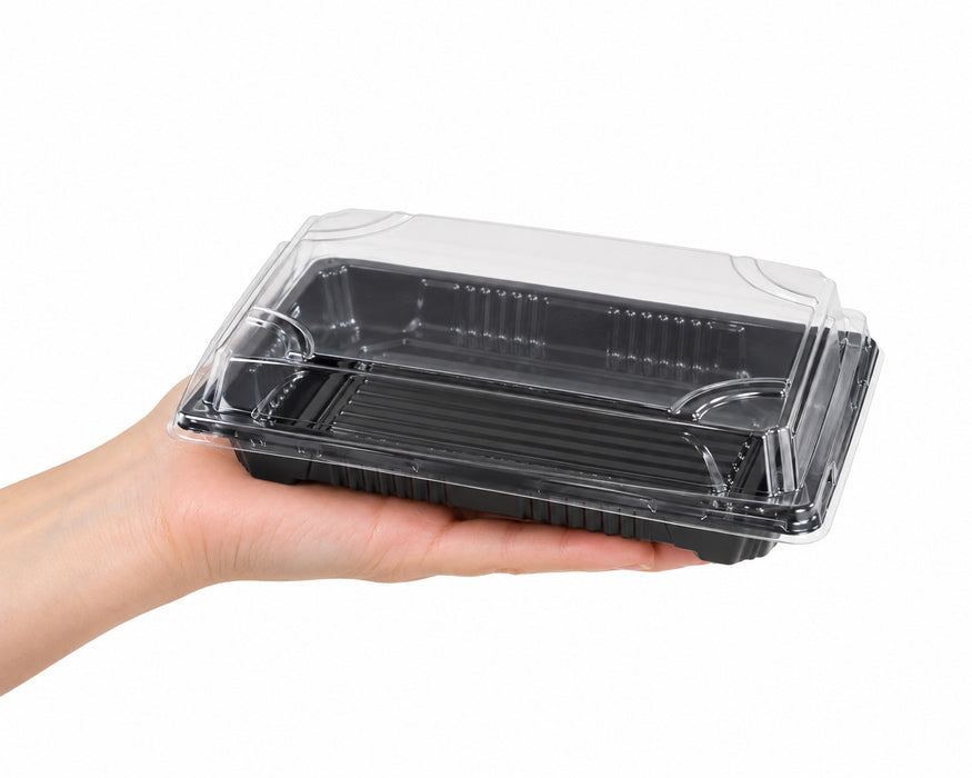 Barchetta "Suky" in plastica nera con coperchio trasparente - 17 cm x 12 cm x 4 cm - 50 pezzi