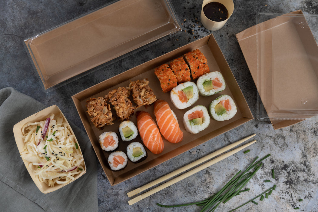 Vaschetta sushi in cartone kraft + cop PET (C/PAP81 + PET1) - 20,9 cm x 7,8 cm x 2,5 cm - 50 pezzi