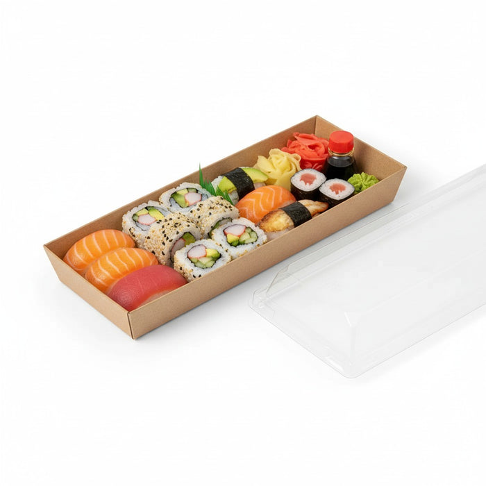 Vaschetta sushi in cartone kraft + cop PET (C/PAP81 + PET1) 209x78mm H25mm