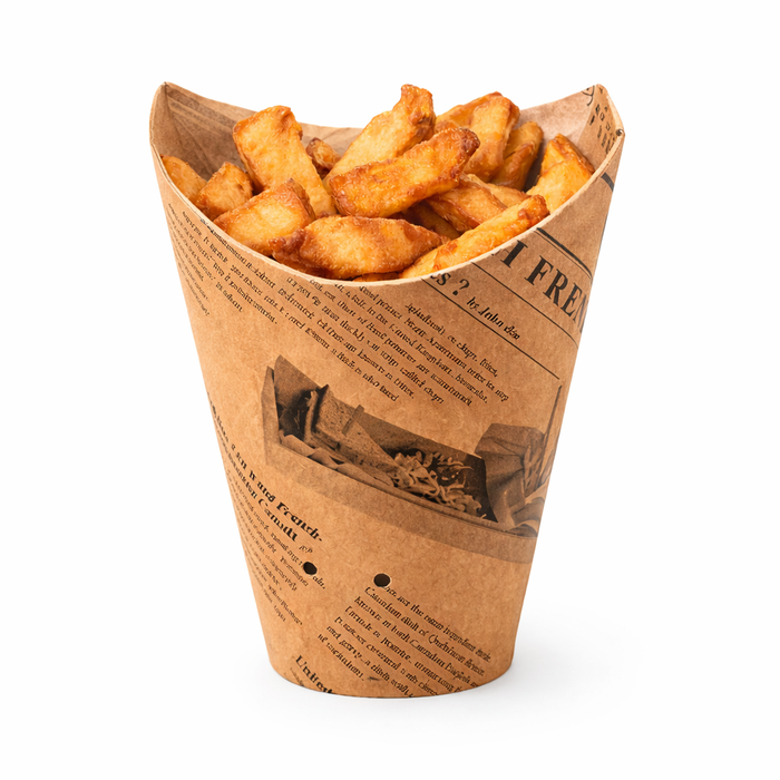 Bicchiere da snack richiudibile forato in cartone, decorazione stampa di giornale kraft - 480 ml - Ø 10,5 cm - H 12,3 cm - 50 pezzi