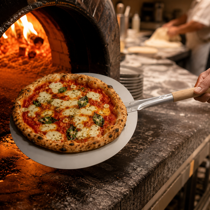 Pala pizza rotonda con diametro della maniglia in legno - 95 cm x 30,5 cm x 1,5 cm - 12 pezzi