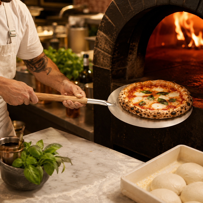 Pala pizza rotonda con diametro della maniglia in legno - 100,5 cm x 35,5 cm x 1,5 cm - 12 pezzi