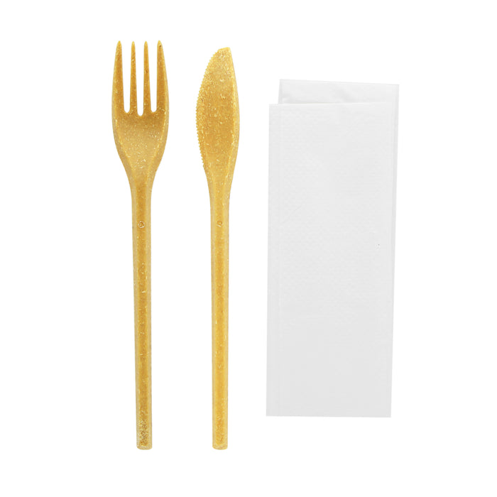 Kit coperto in legno: coltello forchetta tovagliolo, involucro kraft - 25 cm - 50 pezzi