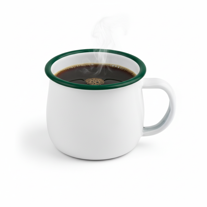 Mug smaltata con manico e bordo verde (42)  H60mm 150ml