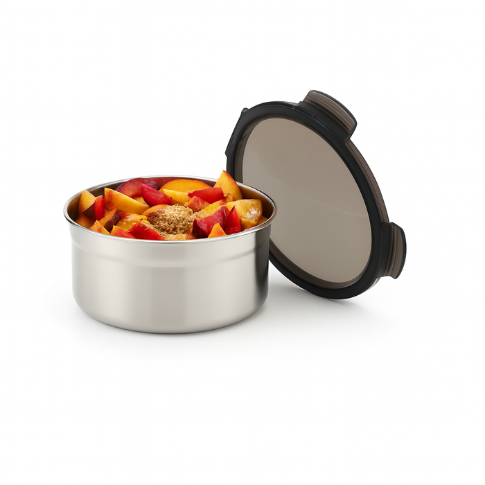 Lunch-box NoxBox tondo in acciaio inox con coperchio in PP nero (FE40 + PP5)  H73mm 600ml