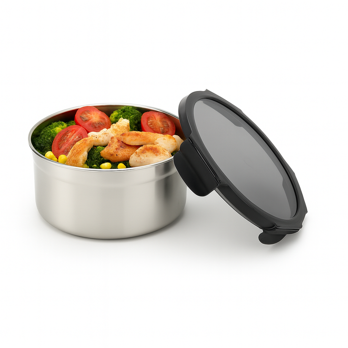Lunch-box NoxBox tondo in acciaio inox con coperchio in PP nero (FE40 + PP5)  H80mm 900ml