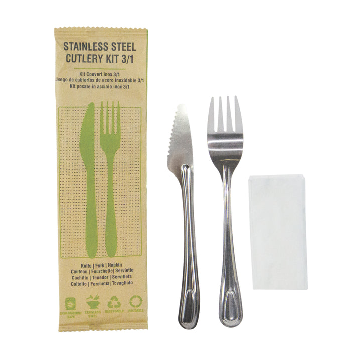 Set posate in acciaio inox 3/1 con custodia in carta (FE40 + PAP22) - 21 cm x 6 cm x 1,5 cm - 250 pezzi