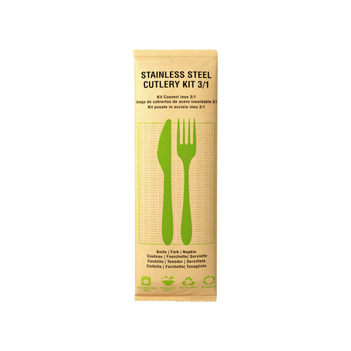 Set posate in acciaio inox 3/1 con custodia in carta (FE40 + PAP22) - 21 cm x 6 cm x 1,5 cm - 250 pezzi