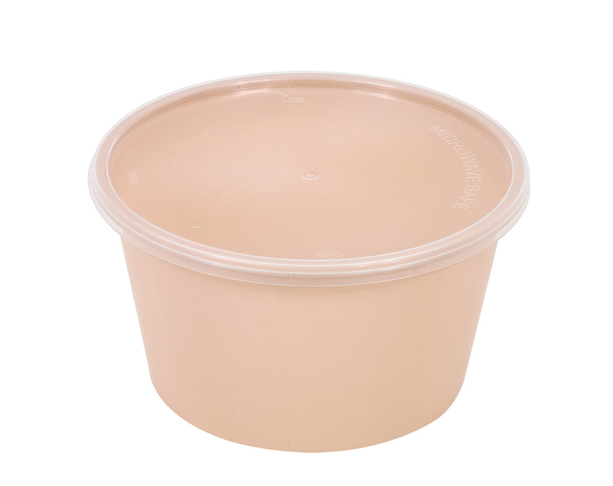 Contenitore beige in PP con coperchio trasparente (PP5) - 470 ml - Ø 15,9 cm - H 5,2 cm - 50 pezzi
