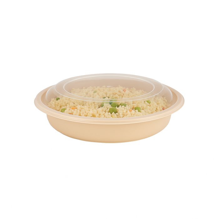 Contenitore beige in PP con coperchio trasparente (PP5) - 470 ml - Ø 15,9 cm - H 5,2 cm - 50 pezzi