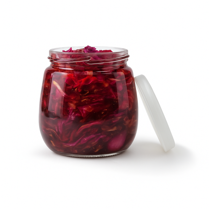 Vasetto in vetro tondo con tappo in PP (GL70 + PP5) - 300 ml - Ø 6,8 cm - H 8,7 cm - 60 pezzi