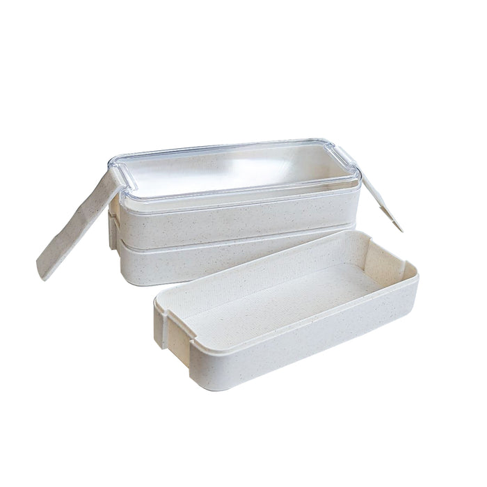 Scatola bento Huskly riutilizzabile su 3 livelli in materiale composito beige e coperchio in PP - 900 ml - 18,5 cm x 8 cm x 10,3 cm - 20 pezzi